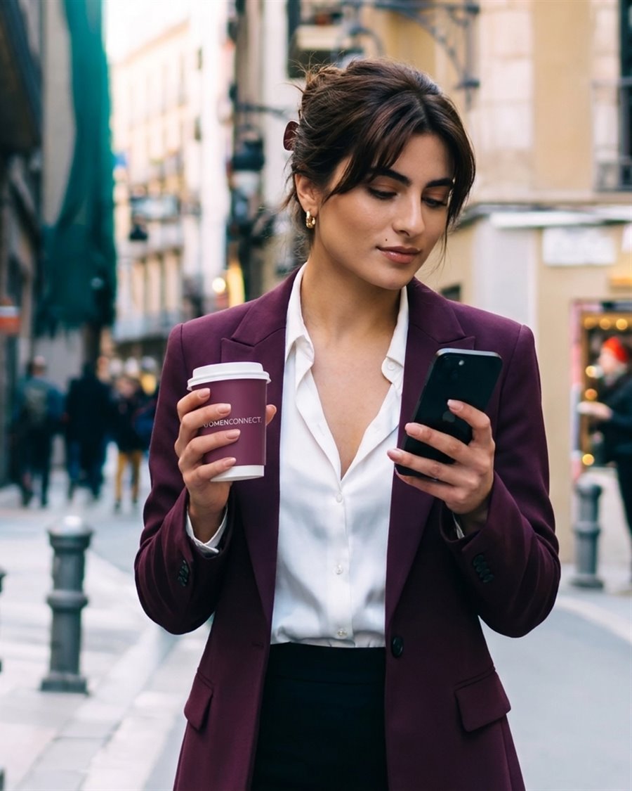 Une femme en blazer prune, un café à la main, regarde son téléphone dans la rue
